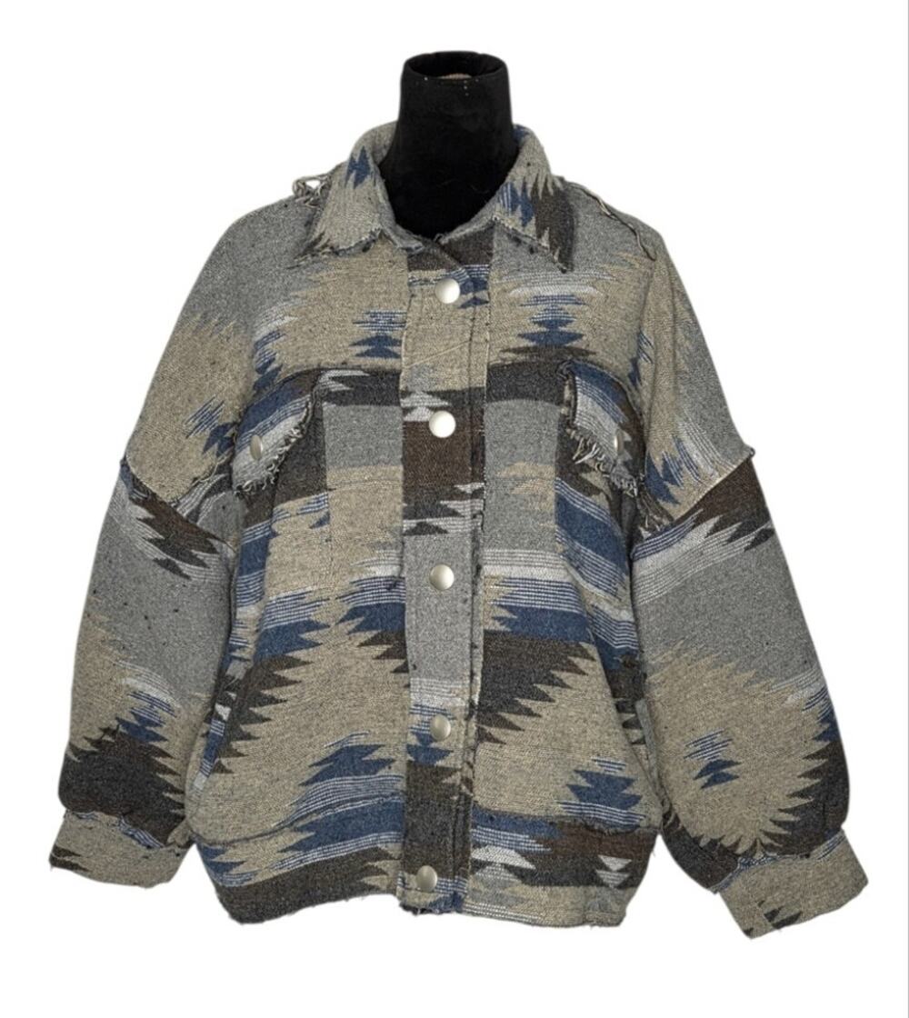 White Birch Southwestern Woven Distressed Trucker Jacket Oversized Shacket 1X